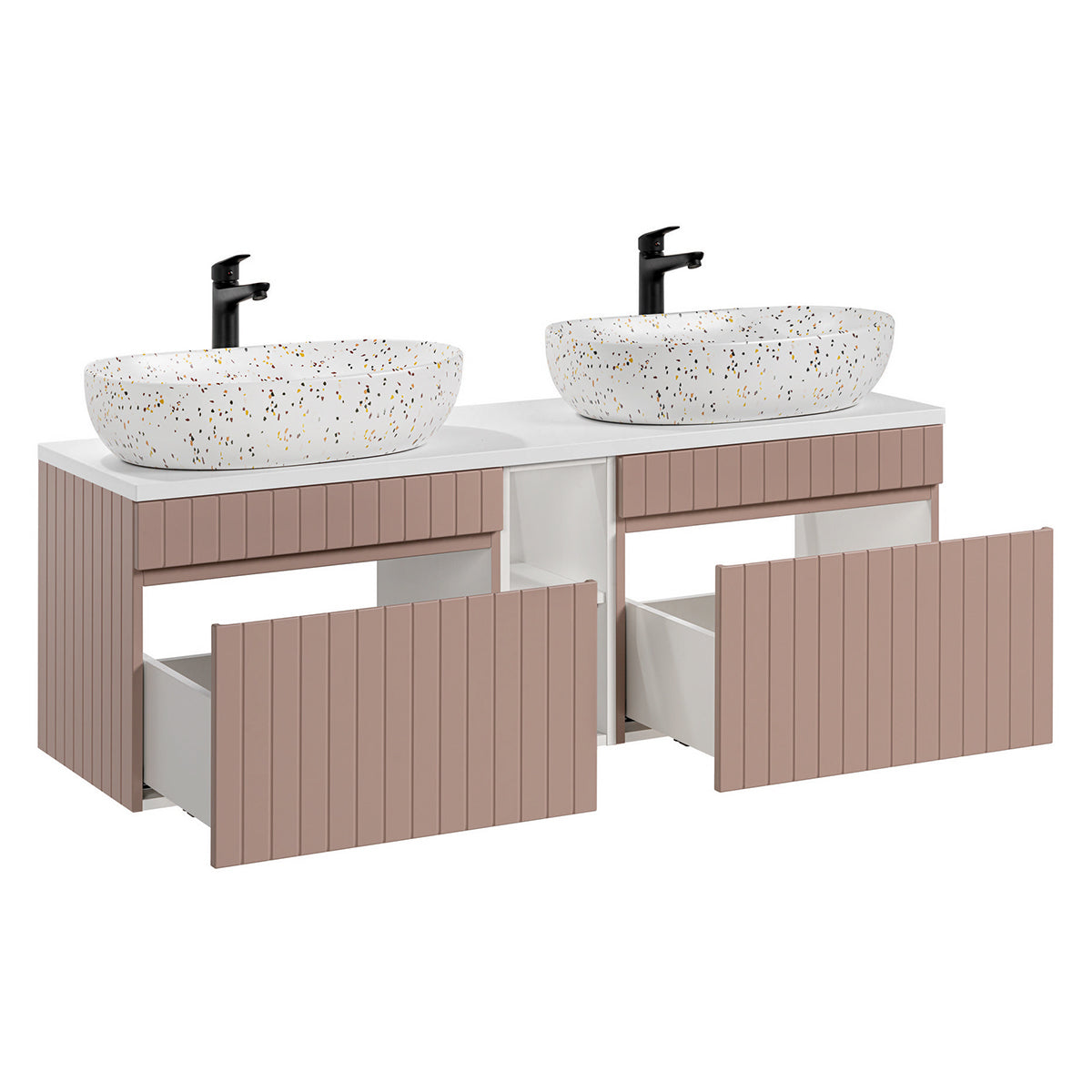 Ensemble meuble double vasque 140cm 2 niches et colonne Zelie Rose et Blanc - vue 3
