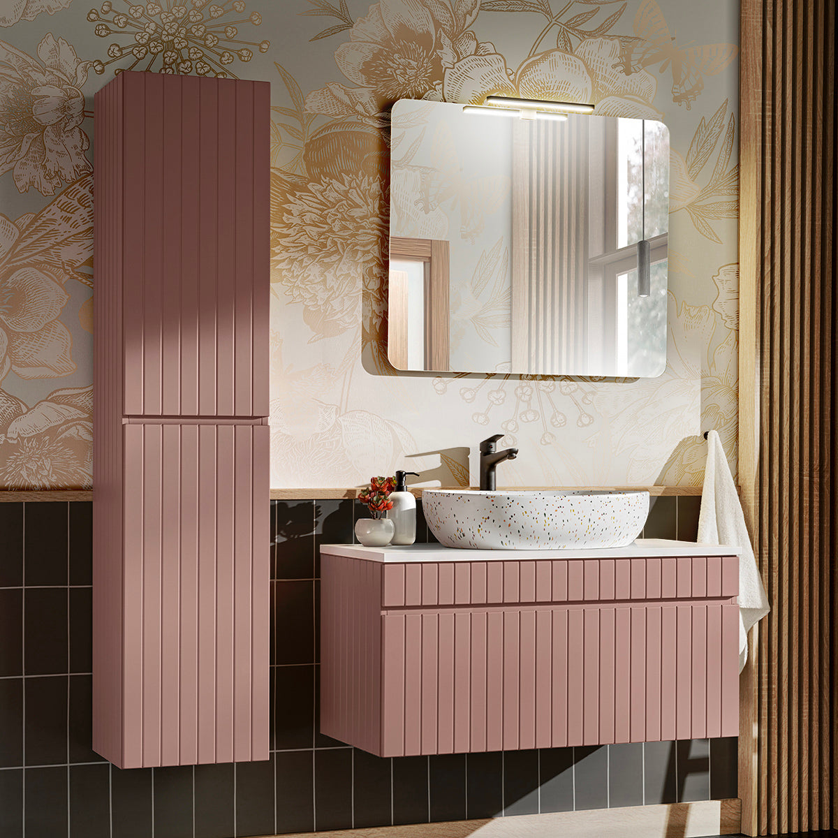 Ensemble meuble simple vasque 100cm et colonne Zelie Rose et Blanc