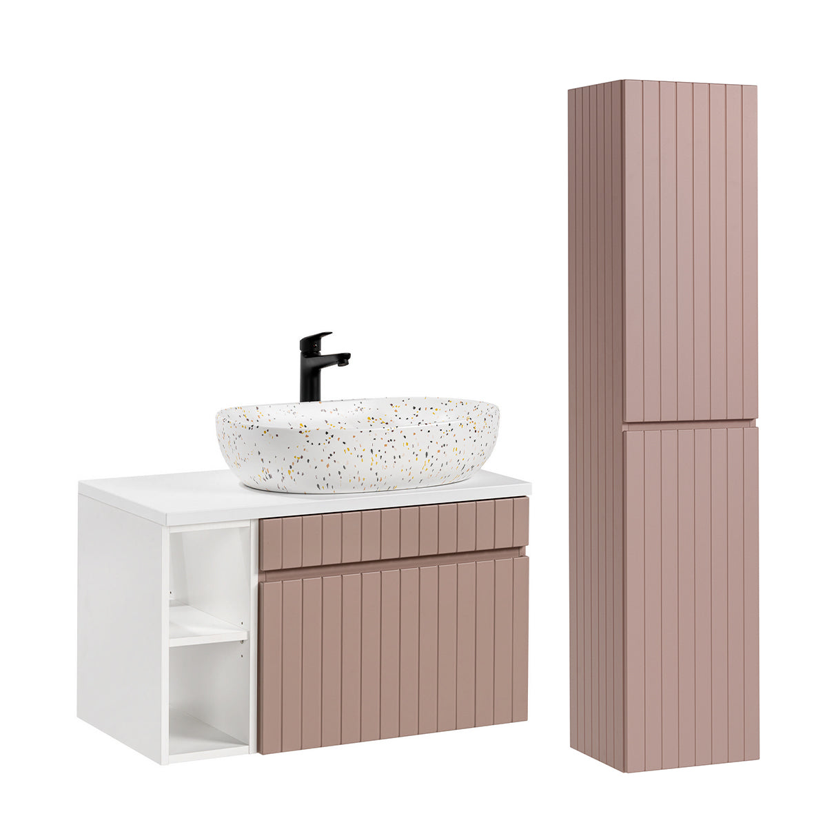Ensemble meuble simple vasque 80cm 2 niches et colonne Zelie Rose et Blanc - vue 2