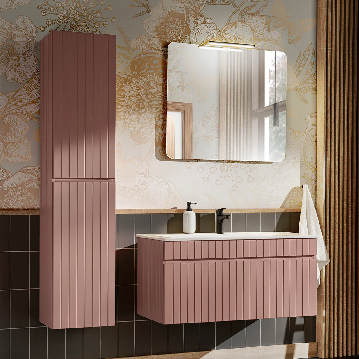 Ensemble meuble simple vasque encastrée 100cm et colonne Zelie Rose
