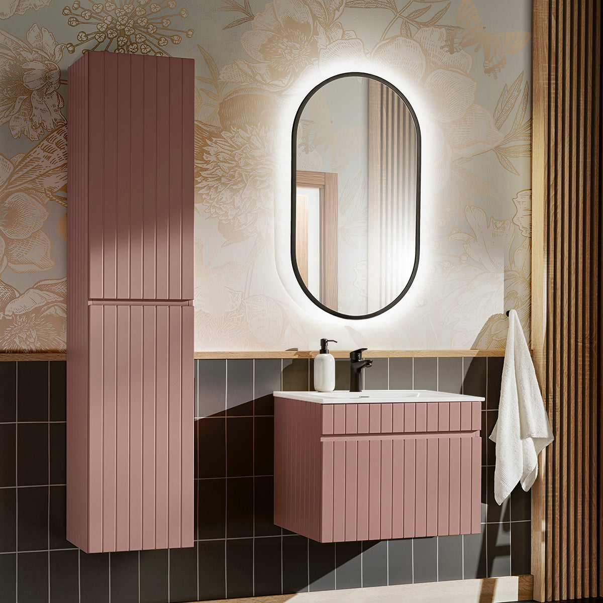 Ensemble meuble simple vasque encastrée 60cm et colonne Zelie Rose