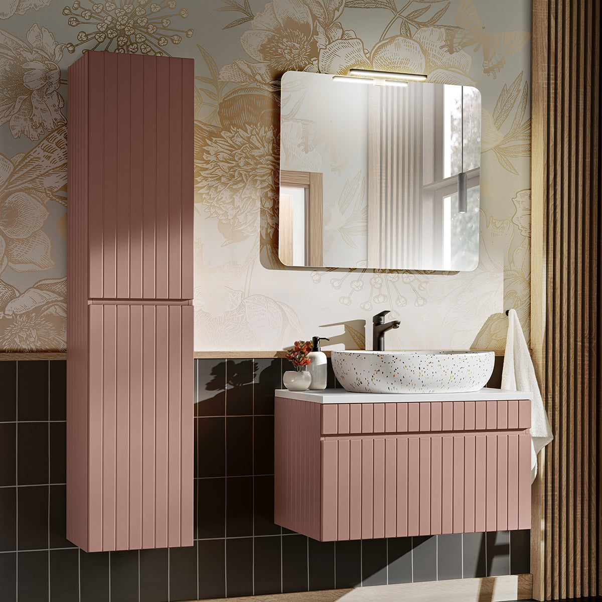 Meuble simple vasque 80cm Zelie Rose et Blanc - vue 4